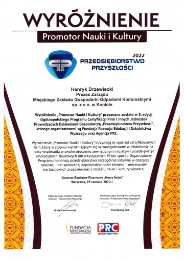 2022.06.29 Prezes Zarządu-  Promotor Kultury i Nauki "Przedsiębiorstwo Przyszłości 2022"