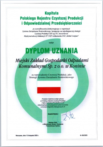 Miejski Zakład Gospodarki Odpadami Komunalnymi Sp. z o.o. w Koninie w Polskim Rejestrze Czystszej Produkcji i Odpowiedzialnej Przedsiębiorczości