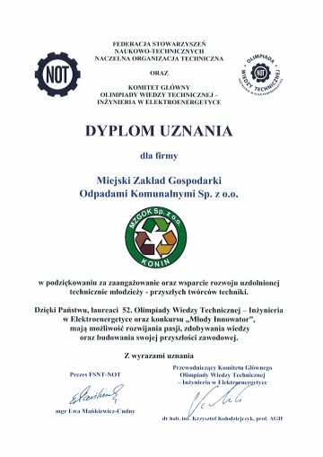 XIX Konkursu &bdquo;Młody Innowator&rdquo; oraz LII Olimpiady Wiedzy Technicznej - Inżynieria w Elektroenergetyce